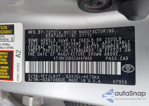 2012 Toyota Avalon from USA, damaged, VIN 4T1BK3DB5CU447609